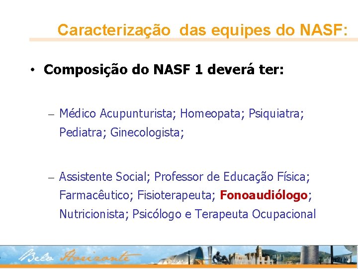 Caracterização das equipes do NASF: • Composição do NASF 1 deverá ter: – Médico