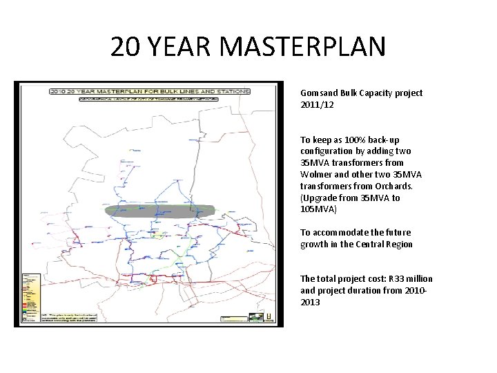 20 YEAR MASTERPLAN Gomsand Bulk Capacity project 2011/12 To keep as 100% back-up configuration
