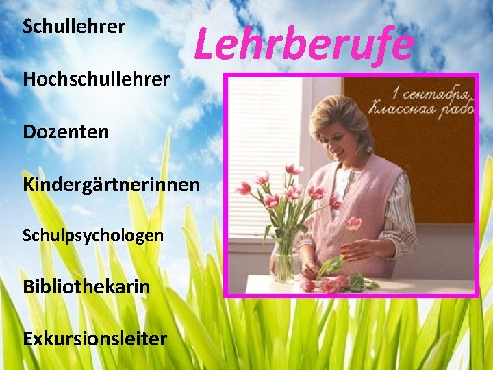 Schullehrer Hochschullehrer Lehrberufe Dozenten Kindergärtnerinnen Schulpsychologen Bibliothekarin Exkursionsleiter 