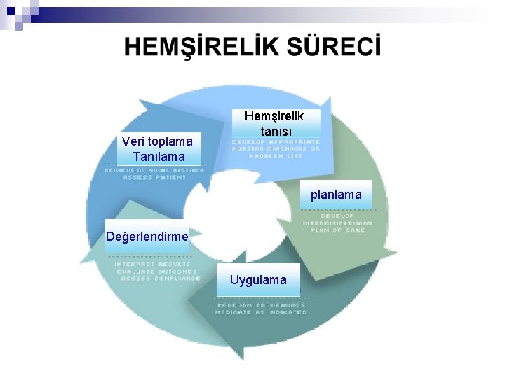 Veri toplama Tanılama Hemşirelik tanısı planlama Değerlendirme Uygulama 