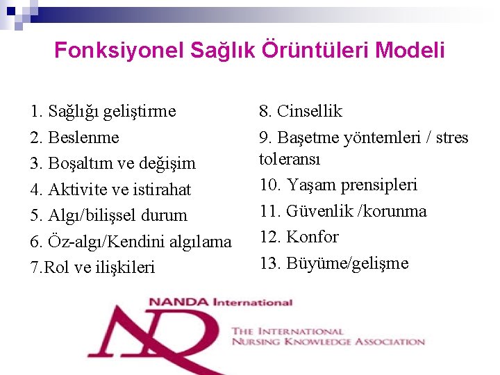 Fonksiyonel Sağlık Örüntüleri Modeli 1. Sağlığı geliştirme 2. Beslenme 3. Boşaltım ve değişim 4.