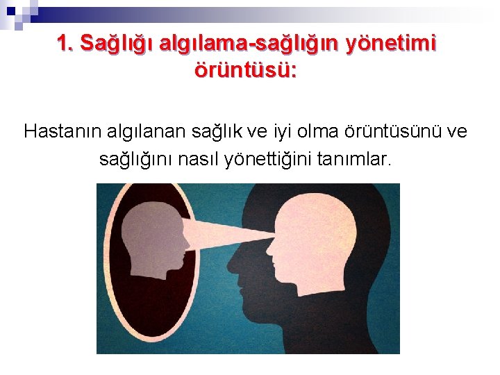 1. Sağlığı algılama-sağlığın yönetimi örüntüsü: Hastanın algılanan sağlık ve iyi olma örüntüsünü ve sağlığını