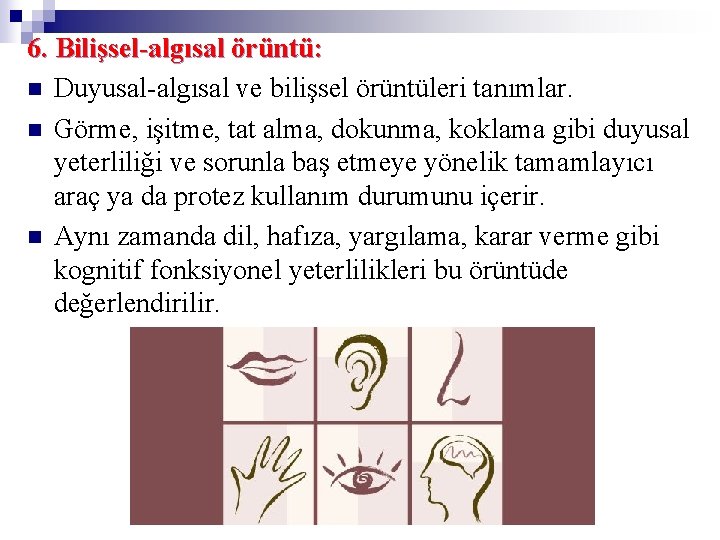 6. Bilişsel-algısal örüntü: n Duyusal-algısal ve bilişsel örüntüleri tanımlar. n Görme, işitme, tat alma,