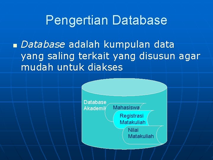 Pengertian Database adalah kumpulan data yang saling terkait yang disusun agar mudah untuk diakses