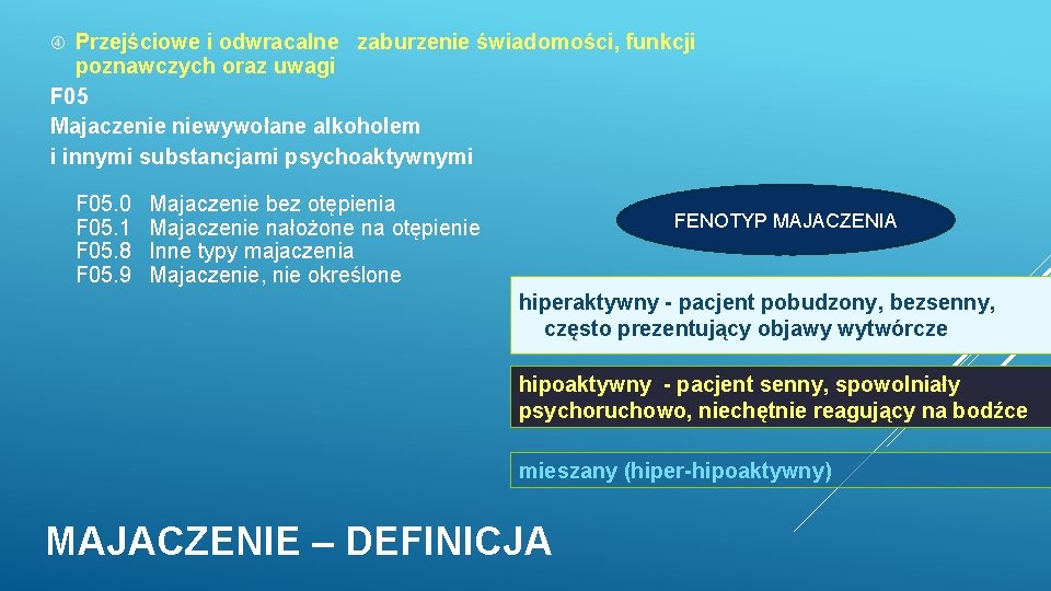 Przejściowe i odwracalne zaburzenie świadomości, funkcji poznawczych oraz uwagi F 05 Majaczenie niewywołane alkoholem Przejściowe i odwracalne zaburzenie świadomości, funkcji poznawczych oraz uwagi F 05 Majaczenie niewywołane alkoholem