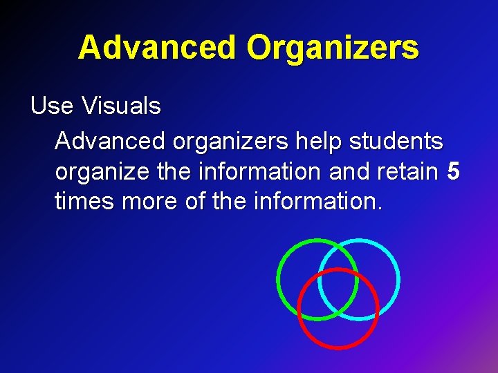 Advanced Organizers Use Visuals Advanced organizers help students organize the information and retain 5