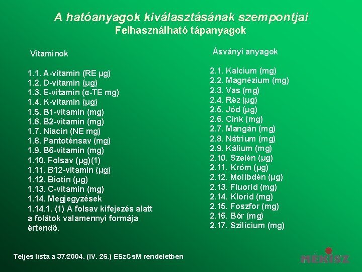 A hatóanyagok kiválasztásának szempontjai Felhasználható tápanyagok Vitaminok Ásványi anyagok 1. 1. A-vitamin (RE μg)