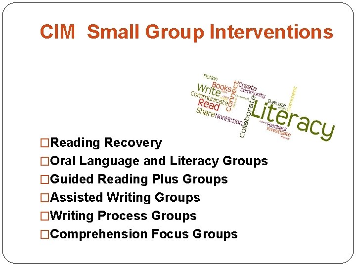 CIM Small Group Interventions �Reading Recovery �Oral Language and Literacy Groups �Guided Reading Plus