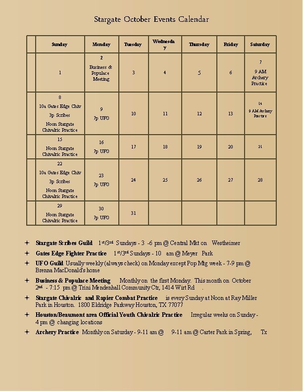 Stargate October Events Calendar Sunday Monday Tuesday Wednesda y Thursday Friday Saturday 2 1