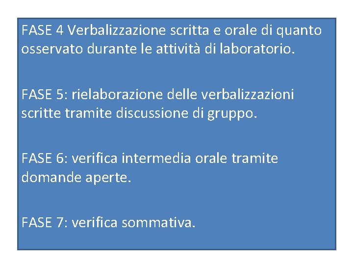 FASE 4 Verbalizzazione scritta e orale di quanto osservato durante le attività di laboratorio.