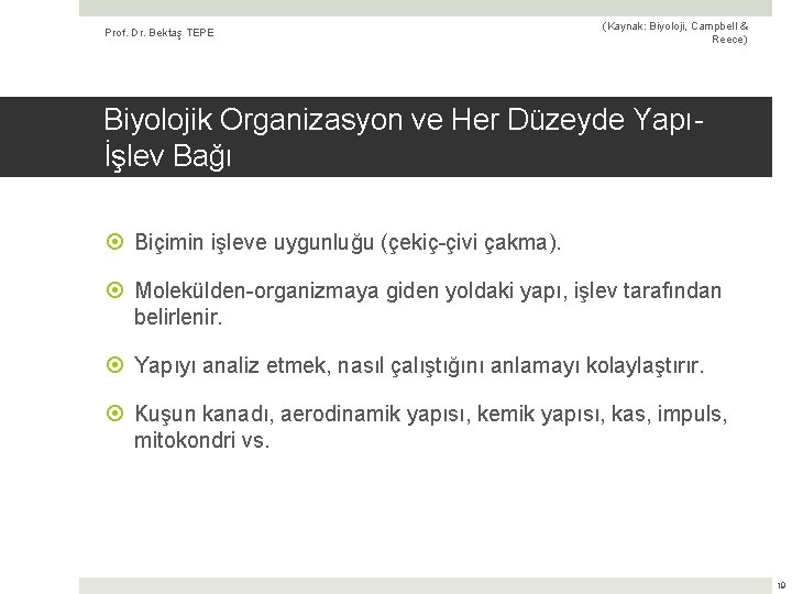 Prof. Dr. Bektaş TEPE (Kaynak: Biyoloji, Campbell & Reece) Biyolojik Organizasyon ve Her Düzeyde