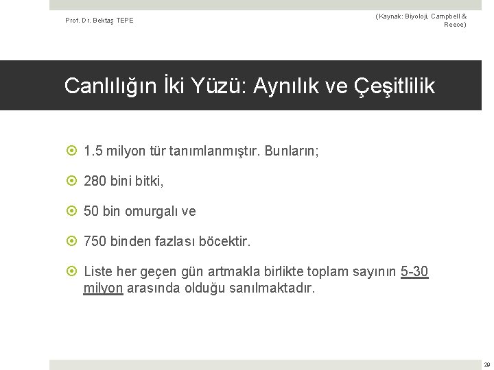 Prof. Dr. Bektaş TEPE (Kaynak: Biyoloji, Campbell & Reece) Canlılığın İki Yüzü: Aynılık ve