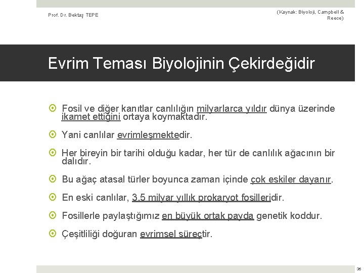 Prof. Dr. Bektaş TEPE (Kaynak: Biyoloji, Campbell & Reece) Evrim Teması Biyolojinin Çekirdeğidir Fosil