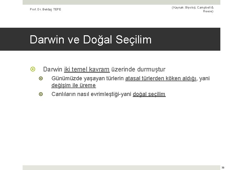 Prof. Dr. Bektaş TEPE (Kaynak: Biyoloji, Campbell & Reece) Darwin ve Doğal Seçilim Darwin