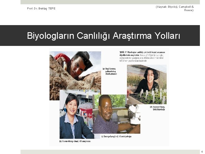 Prof. Dr. Bektaş TEPE (Kaynak: Biyoloji, Campbell & Reece) Biyologların Canlılığı Araştırma Yolları 5