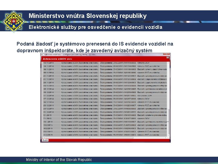 Ministerstvo vnútra Slovenskej republiky Elektronické služby pre osvedčenie o evidencii vozidla Podaná žiadosť je