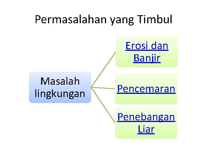 Permasalahan yang Timbul Erosi dan Banjir Masalah lingkungan Pencemaran Penebangan Liar 