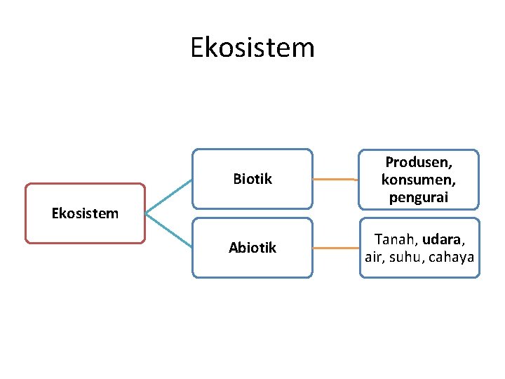 Ekosistem Biotik Produsen, konsumen, pengurai Abiotik Tanah, udara, air, suhu, cahaya Ekosistem 