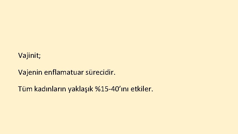 Vajinit; Vajenin enflamatuar sürecidir. Tüm kadınların yaklaşık %15 -40’ını etkiler. 