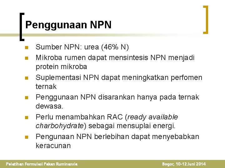 Penggunaan NPN n n n Sumber NPN: urea (46% N) Mikroba rumen dapat mensintesis