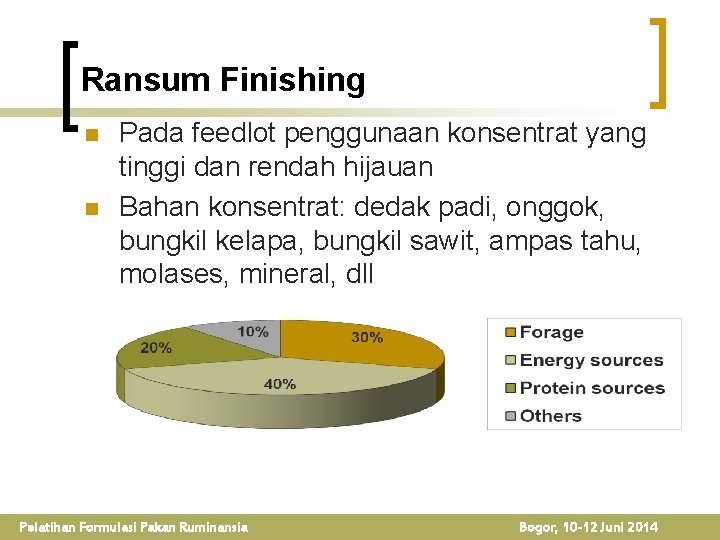 Ransum Finishing n n Pada feedlot penggunaan konsentrat yang tinggi dan rendah hijauan Bahan