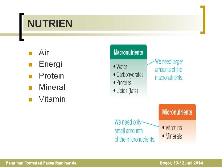 NUTRIEN n n n Air Energi Protein Mineral Vitamin Pelatihan Formulasi Pakan Ruminansia Bogor,