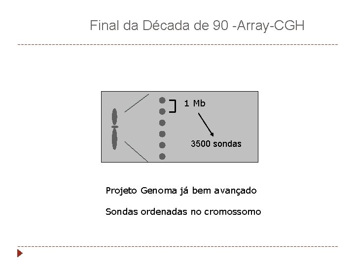 Final da Década de 90 -Array-CGH 1 Mb 3500 sondas Projeto Genoma já bem