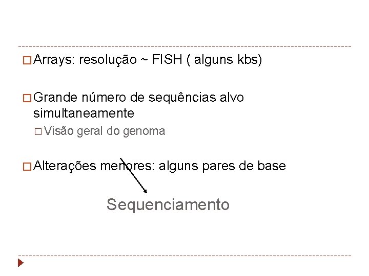 � Arrays: resolução ~ FISH ( alguns kbs) � Grande número de sequências alvo