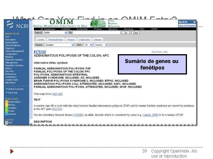 What Can You Find in an OMIM Entry? Sumário de genes ou fenótipos 39