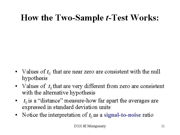 How the Two-Sample t-Test Works: • Values of t 0 that are near zero How the Two-Sample t-Test Works: • Values of t 0 that are near zero