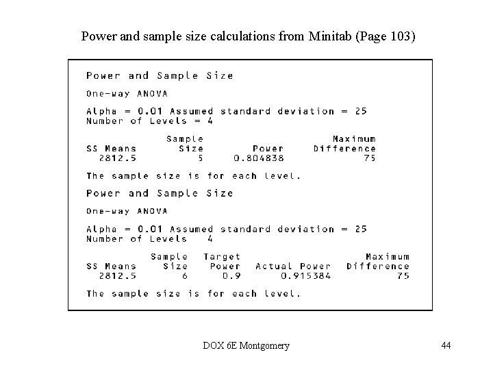 Power and sample size calculations from Minitab (Page 103) DOX 6 E Montgomery 44 Power and sample size calculations from Minitab (Page 103) DOX 6 E Montgomery 44