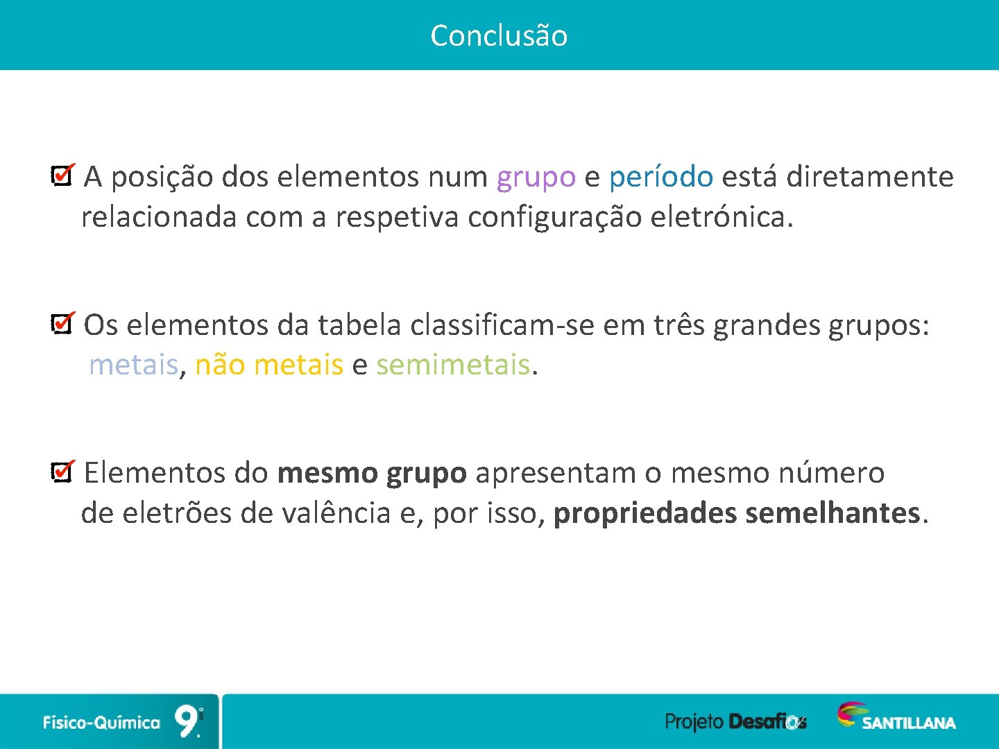 Conclusão A posição dos elementos num grupo e período está diretamente relacionada com a
