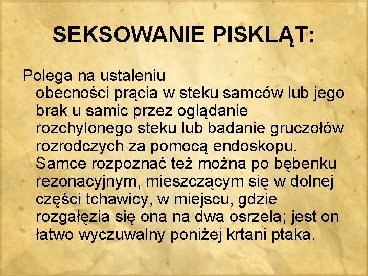 SEKSOWANIE PISKLĄT: Polega na ustaleniu obecności prącia w steku samców lub jego brak u