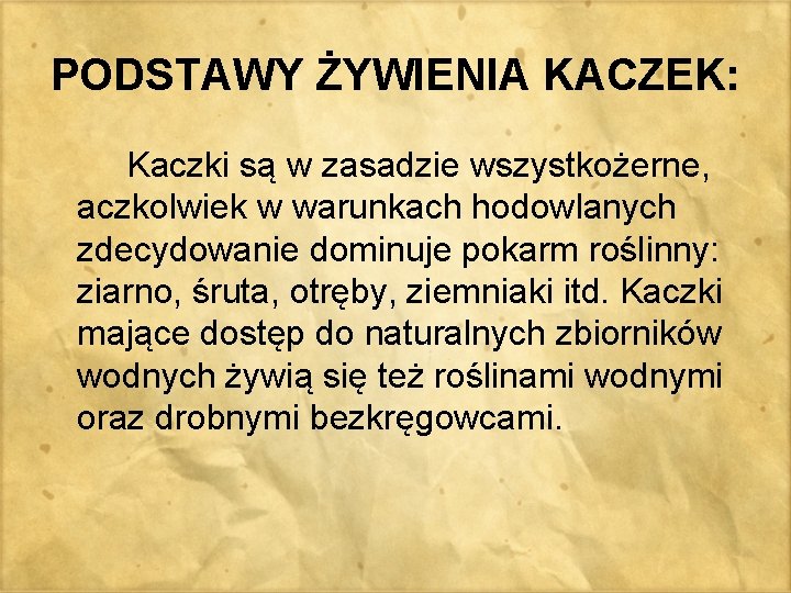 PODSTAWY ŻYWIENIA KACZEK: Kaczki są w zasadzie wszystkożerne, aczkolwiek w warunkach hodowlanych zdecydowanie dominuje
