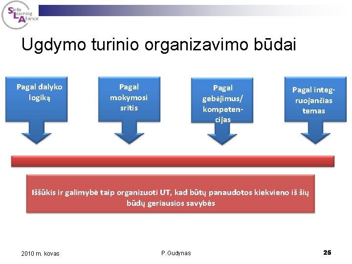 Ugdymo turinio organizavimo būdai Pagal dalyko logiką Pagal mokymosi sritis Pagal gebėjimus/ kompetencijas Pagal