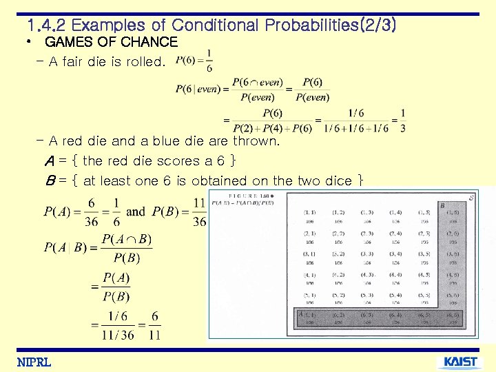 1. 4. 2 Examples of Conditional Probabilities(2/3) • GAMES OF CHANCE - A fair