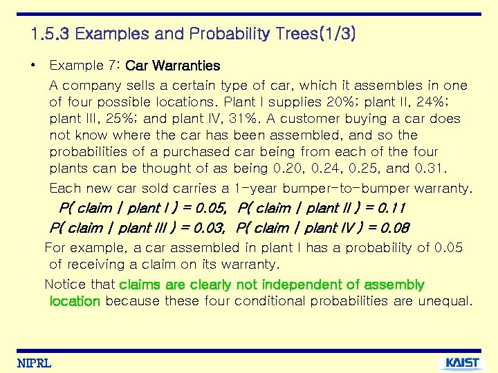 1. 5. 3 Examples and Probability Trees(1/3) • Example 7: Car Warranties A company