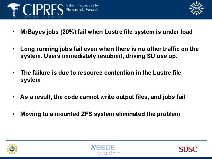  • Mr. Bayes jobs (20%) fail when Lustre file system is under load