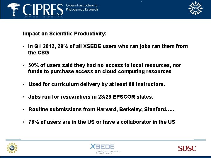 Impact on Scientific Productivity: • In Q 1 2012, 29% of all XSEDE users