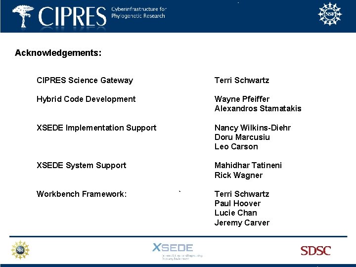 Acknowledgements: CIPRES Science Gateway Terri Schwartz Hybrid Code Development Wayne Pfeiffer Alexandros Stamatakis XSEDE