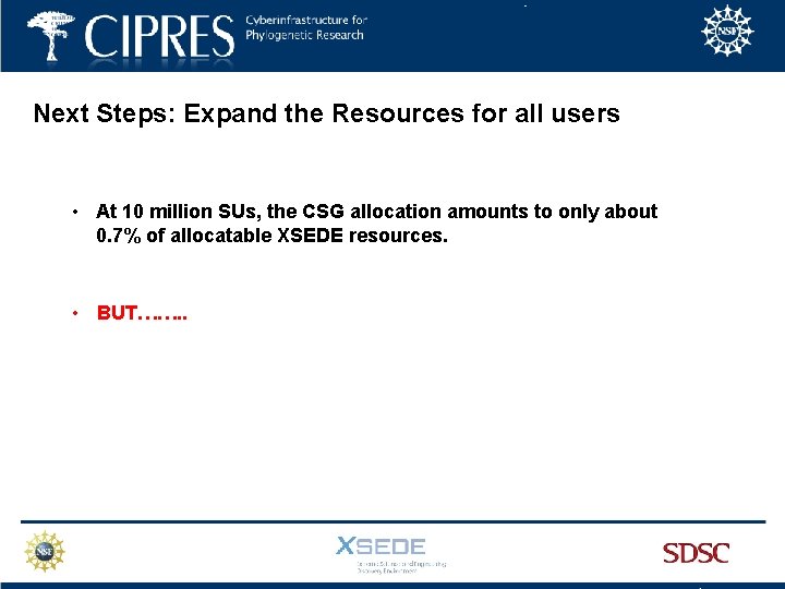 Next Steps: Expand the Resources for all users • At 10 million SUs, the