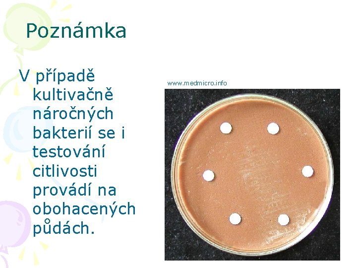 Poznámka V případě kultivačně náročných bakterií se i testování citlivosti provádí na obohacených půdách.