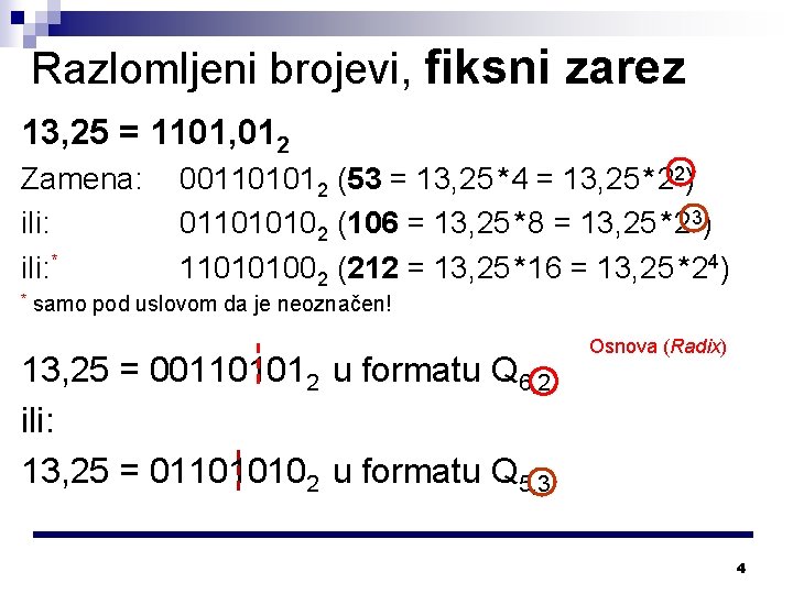 Razlomljeni brojevi, fiksni zarez 13, 25 = 1101, 012 Zamena: ili: * * 001101012