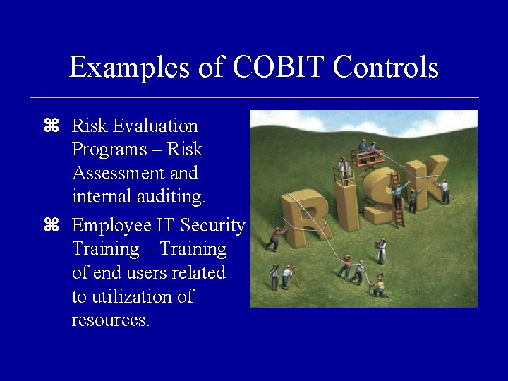 Examples of COBIT Controls Risk Evaluation Programs – Risk Assessment and internal auditing. Employee