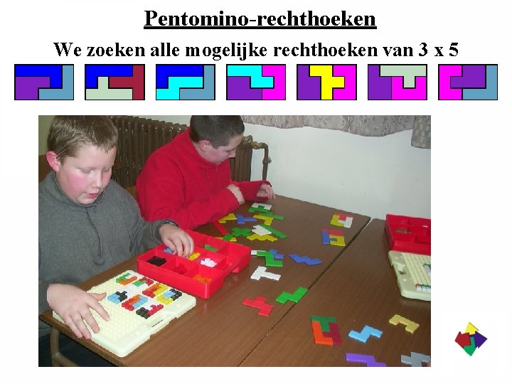 Pentomino-rechthoeken We zoeken alle mogelijke rechthoeken van 3 x 5 