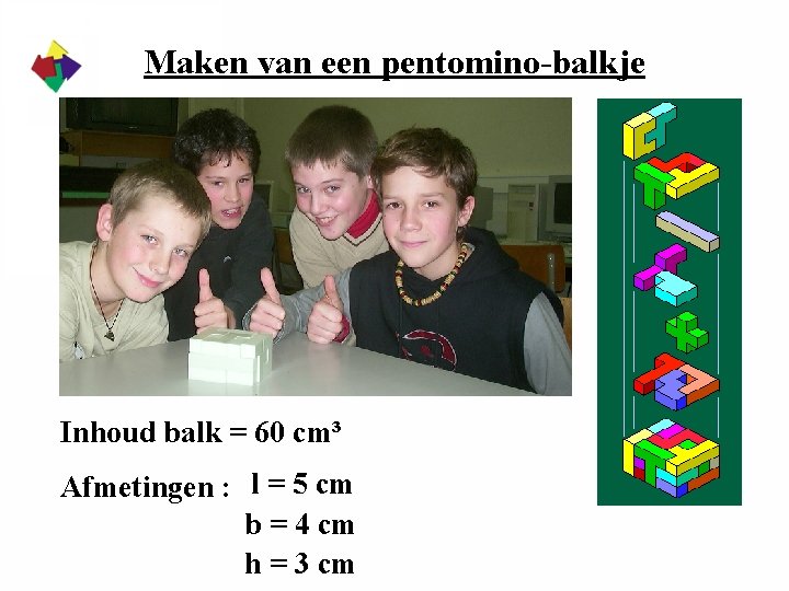 Maken van een pentomino-balkje Inhoud balk = 60 cm³ Afmetingen : l = 5