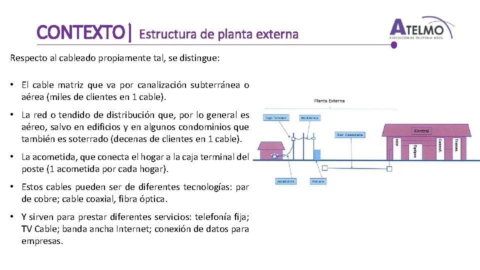 CONTEXTO| Estructura de planta externa Respecto al cableado propiamente tal, se distingue: • El