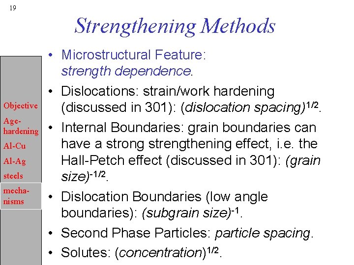 19 Strengthening Methods Objective Agehardening Al-Cu Al-Ag steels mechanisms • Microstructural Feature: strength dependence.
