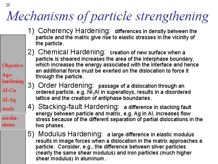 29 Mechanisms of particle strengthening 1) Coherency Hardening: differences in density between the particle