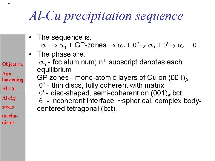 7 Al-Cu precipitation sequence Objective Agehardening Al-Cu Al-Ag steels mechanisms • The sequence is: